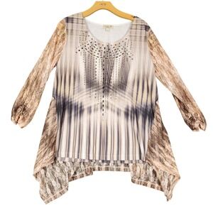 One World Embellished Tunic Top Women's Beige‎ Striped Lace Asymmetrical Hem